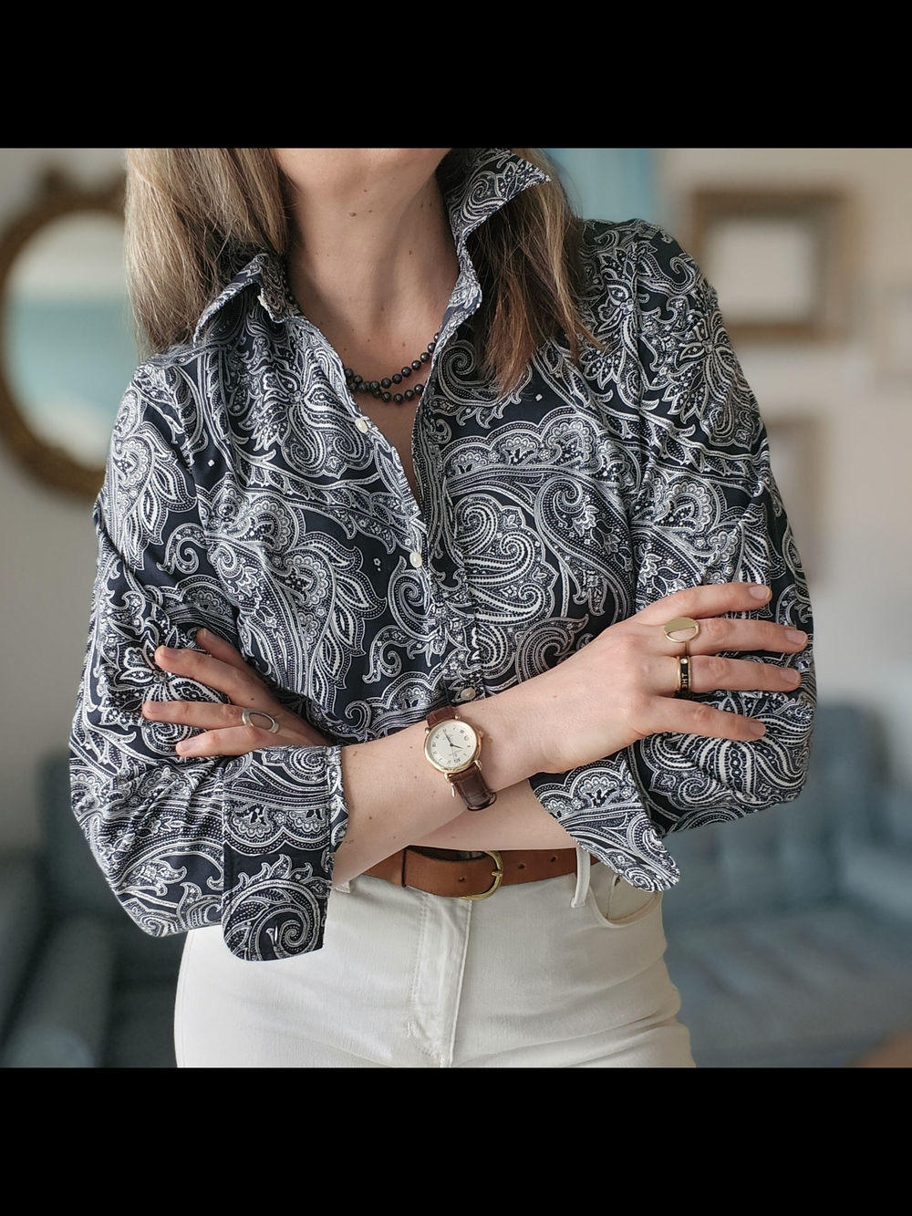 Lauren Ralph Lauren Navy Blue & White Paisley Button-Down Shirt
